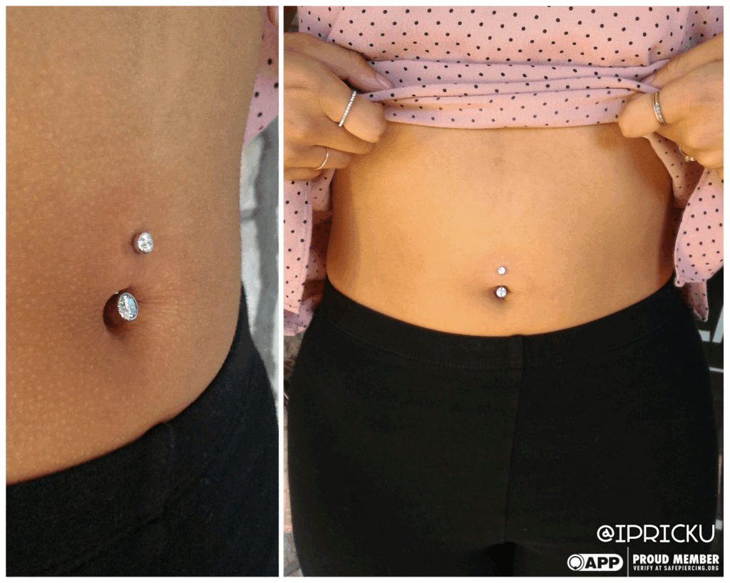 Close-up of a fresh navel piercing featuring a titanium curved barbell with bezel-set clear Swarovski gemstones, highlighting the clean finish and subtle sparkle.
