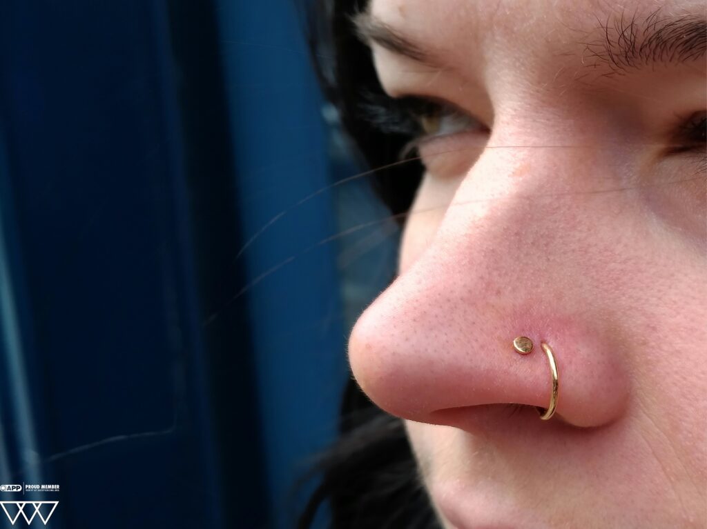 Body Piercing in North Jersey. Clean, Private Studio Near Newark, Union, & Linden Close-up of nostril piercings featuring an 18k gold flat disc end from Anatometal and a matching 18k gold seam ring, showcasing elegant symmetry and precise placement.