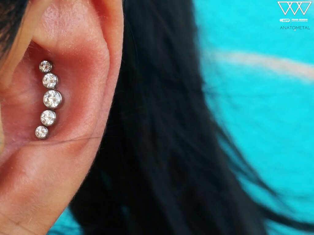 Piercing Studio Near Elizabeth, Bayonne & Union County. Private, Appointment-Only Sessions Fesh conch piercing featuring a titanium bezel-set arc cluster from Anatometal, adorned with clear Swarovski gemstones. The curved design aligns seamlessly with the ear's natural contour, adding a subtle sparkle to the central cartilage.