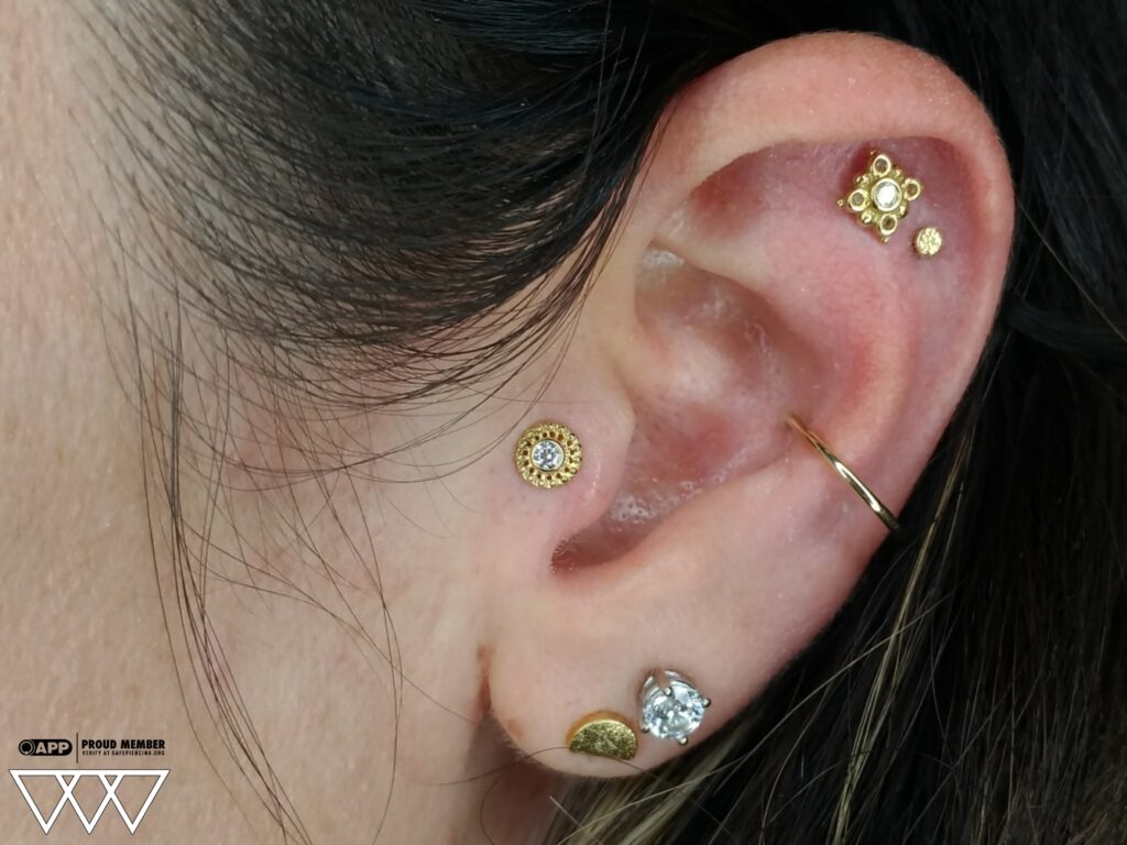A curated ear adorned exclusively with 18k gold jewelry from BVLA and Anatometal, featuring a variety of textured and gem-set pieces that create a cohesive, high-end aesthetic across multiple cartilage piercings.