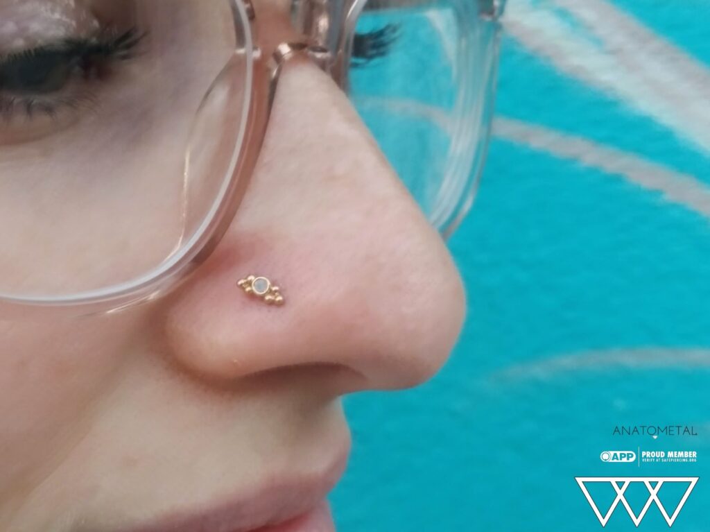 Piercing Studio for Perth Amboy. Private, Expert Care A nostril piercing adorned with an 18k gold 'Sabrina' end from Anatometal, featuring a delicate arced design that adds a refined touch to the fresh piercing.