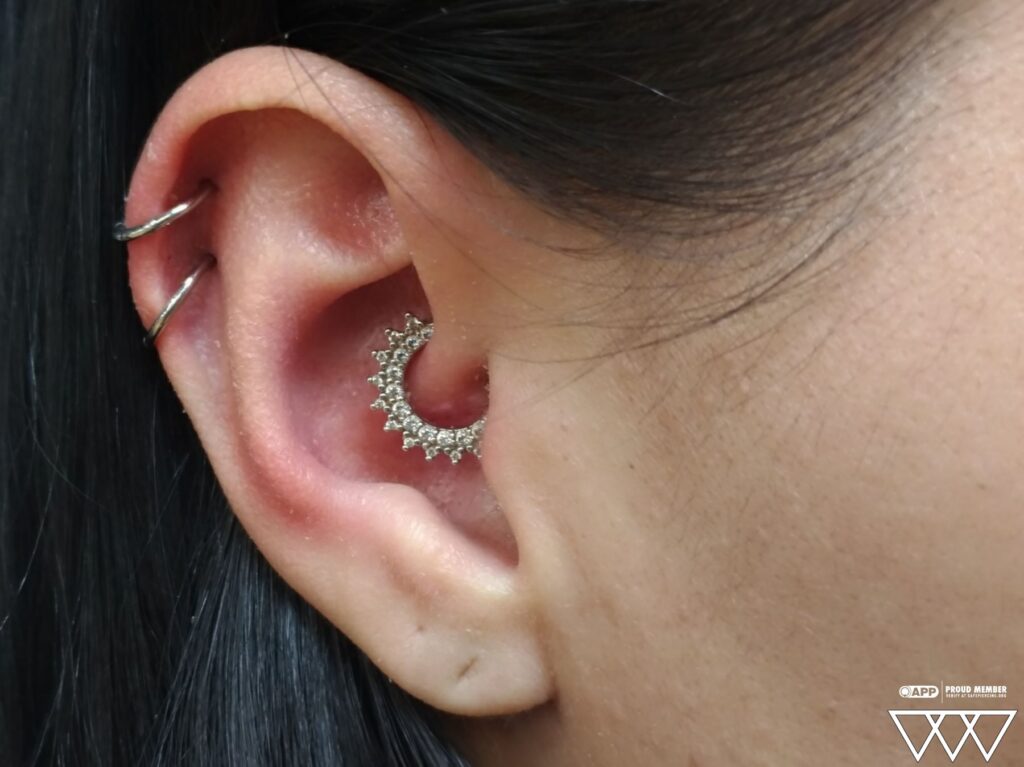 A daith piercing upgraded with a 14k white gold 'Gem Kolo' clicker from BVLA, showcasing the elegant design and precise placement within the ear's inner cartilage.